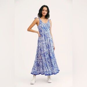 Free People Kikas Printed Midi Dress in Blue and Ivory Combo